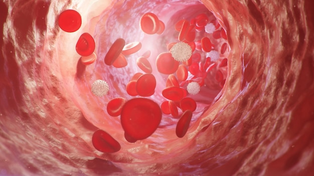 Rode bloedcellen in een slagader, ader. bloedstroom in een levend organisme. wetenschappelijk en medisch concept. overdracht van belangrijke elementen in het bloed om het lichaam te beschermen. 3d illustratie