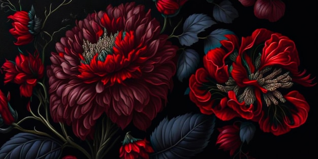 Rode bloem en bladeren op een zwarte achtergrond