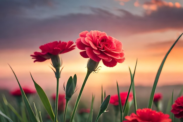 Rode bloemen in een veld met een zonsondergang op de achtergrond