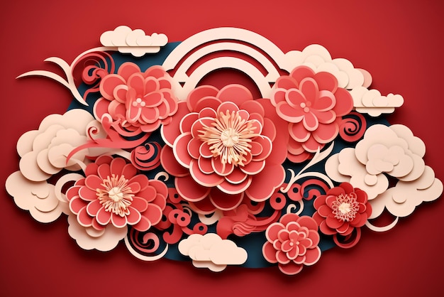 Rode bloemen op rode achtergrond papier ambachtelijke kunst Chinese stijl Generatieve ai