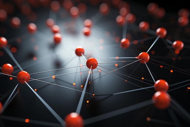 Rode bollen symboliseren netwerkverbindingen in een opvallend donker achtergrondconcept