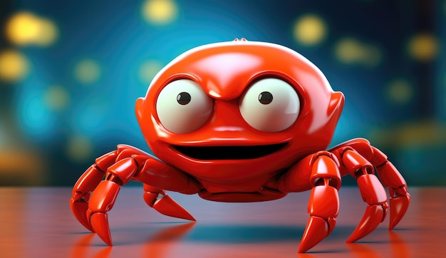 Rode cartoon krab met grote ronde ogen die op een oppervlak staan tegen een bokeh lichte achtergrond