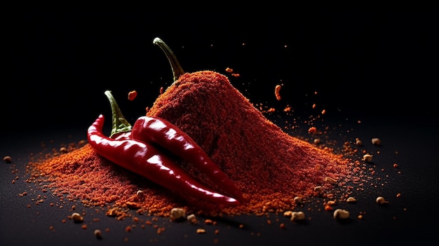 rode chili met rood chilipoeder geïsoleerd op zwarte achtergrond gemaakt door generatieve AI