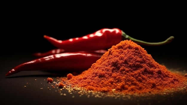 rode chili met rood chilipoeder geïsoleerd op zwarte achtergrond gemaakt door generatieve AI