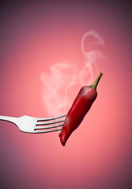 Foto rode chili pepers op een vork met rook op een rode achtergrond