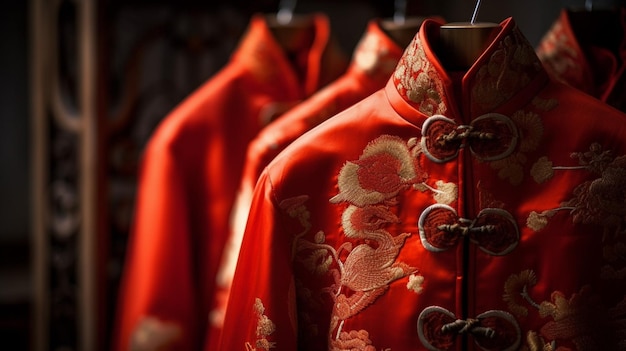 Rode Chinese kleding die op een rek hangt