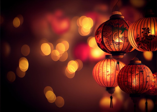 Foto rode chinese lantaarn met kleurrijke bokeh op de achtergrond ai gegenereerd