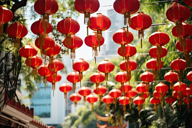 Rode Chinese lantaarns hangen op de boom in een Chinese tempel Rode lantaarns voor het Chinese Nieuwjaar in de stad Bangkok