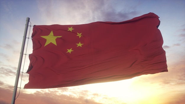 Rode Chinese vlag die dramatisch zwaait. Teken van het land van de Volksrepubliek China. 3D-rendering.