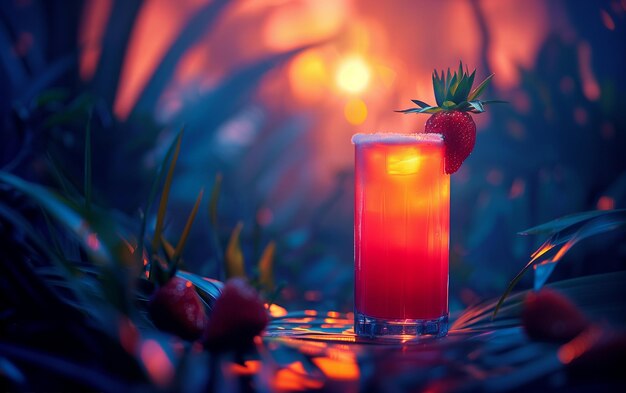 Rode cocktail met aardbeien garnish gloeien in de donkere onderstruik van de betoverde jungle in de schemering