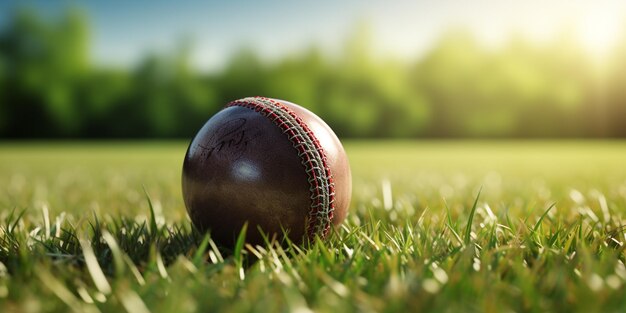 Rode cricketbal met groen gras close-up 3D-weergave