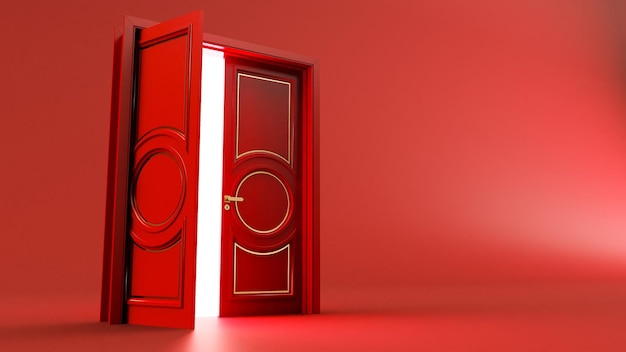 rode deur Open entree in gekleurde achtergrondkamer 3D render van rood open deurlicht dat door de dubbele openingsdeur gaat