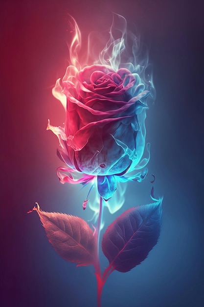 Rode doorschijnende roos in blauw en rood licht