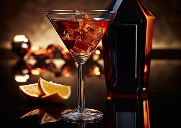 Rode droge martini-cocktail met ijs en sinaasappelen op donkere restauranttafel met bottleAI Generative