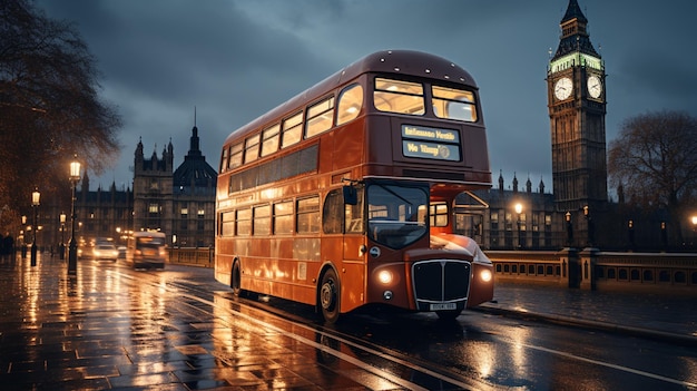 Rode dubbeldekkerbus die 's nachts de Westminster Bridge in Londen oversteekt