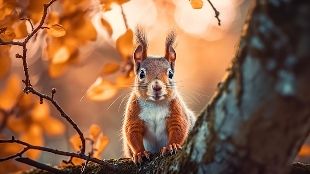 Foto rode eekhoorn op de boom mooie eekhoorn met oranje ogen
