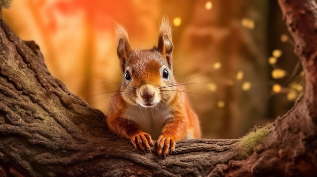 Foto rode eekhoorn op de boom mooie eekhoorn met oranje ogen