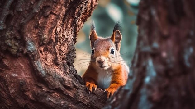 Rode eekhoorn op de boom Mooie eekhoorn met oranje ogen