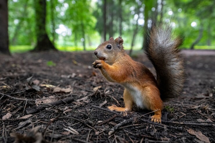 Foto rode eekhoorn zoekt een plek om haar noot in het bos te verstoppen