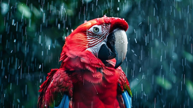 Rode en blauwe ara-papegaai in de regen