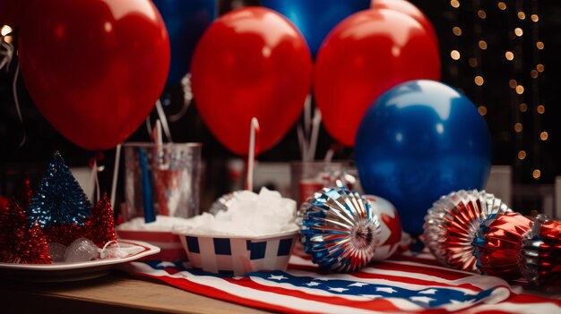 Rode en blauwe ballonnen en confetti op tafel