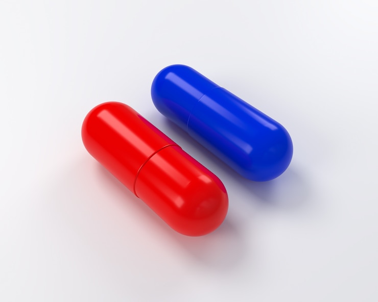 Foto rode en blauwe pil isoleren op witte achtergrond. 3d illustratie