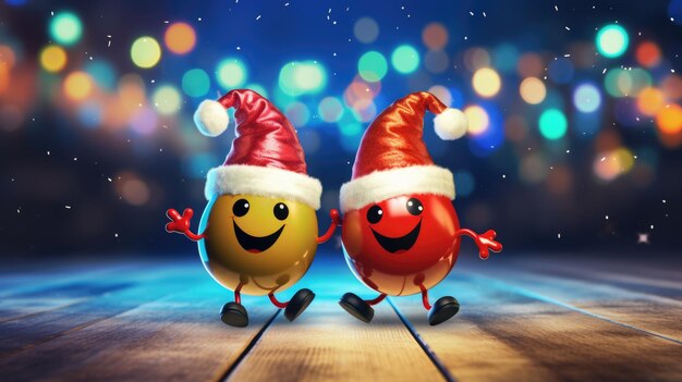 Foto rode en gele emoticons op kersthoeden die op bokeh-achtergrond dansen