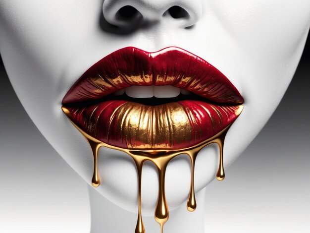 Rode en gouden gerimpelde lippen druppelende kus AI gegenereerd