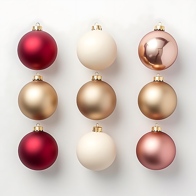 Rode en gouden kerstballen op witte achtergrond in de stijl van minimalistische luchtfoto-elementen