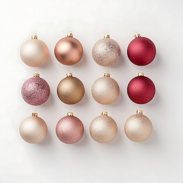Rode en gouden kerstballen op witte achtergrond in de stijl van minimalistische luchtfoto-elementen