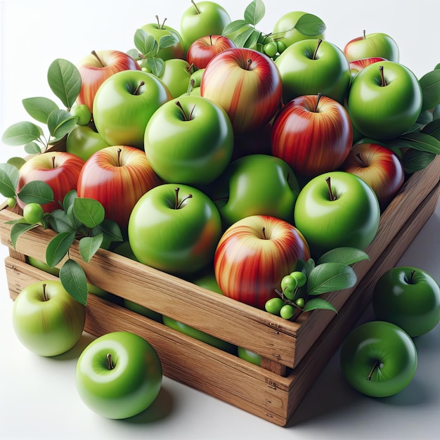 Rode en groene appels in een houten doos 3D