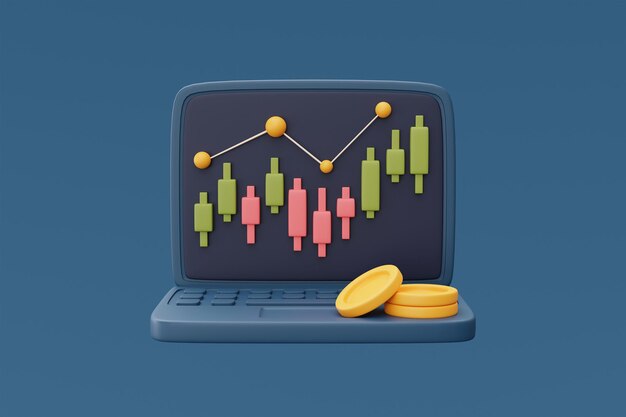 Rode en groene kandelaarhandelsgrafiek op het computerlaptopscherm met muntstapel Financiële statistieken van de effectenbeursForexonline handelsconceptminimale stijl3D-rendering