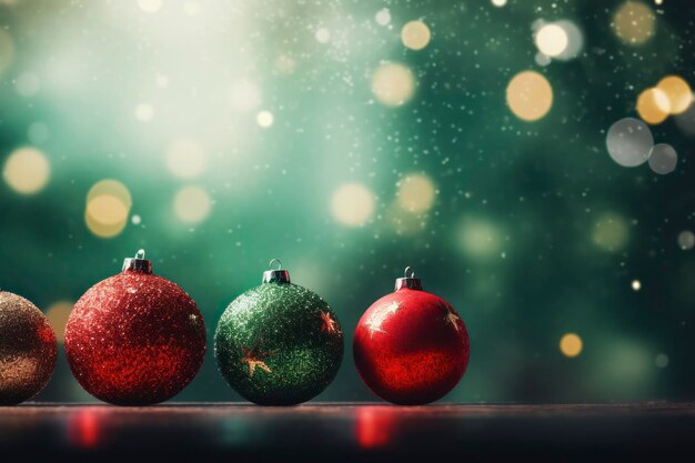 Foto rode en groene kerst bokeh-achtergronden met kerstboomballen en kerstverlichting