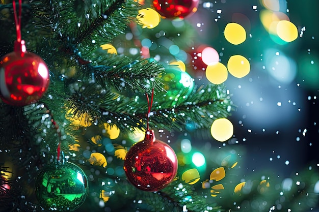 Rode en groene kerstballen op kerstboom met glanzende slinger Generatieve AI