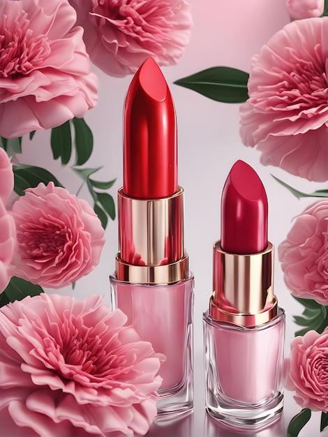 Foto rode en roze lippenstiften in roze verpakking op een achtergrond van roze bloemen