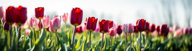 Rode en roze tulpen in een zomer- of lenteveldbanner Generatieve AI