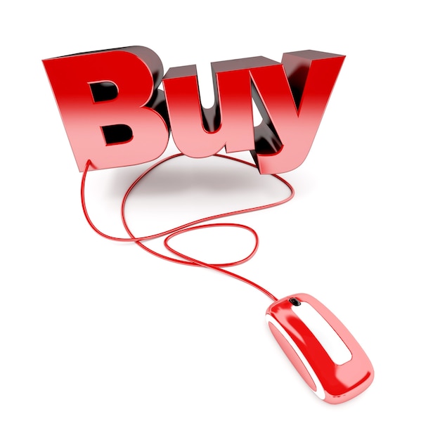 Rode en witte 3D-afbeelding van het woord kopen aangesloten op een computermuis