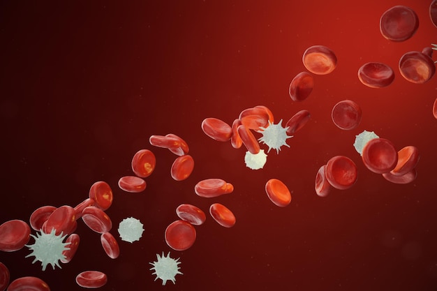 Rode en witte bloedcellen die neutrofielen afgeven, eosinofielen, basofielen, lymfocyten, zijn de cellen van het immuunsysteem. 3D illustratie