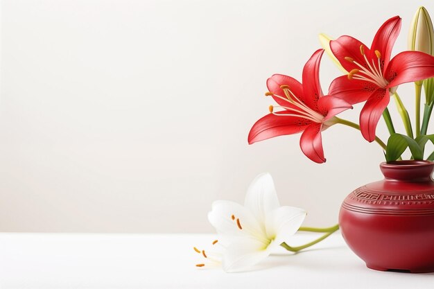 Rode en witte decoratie op achtergrond met verse Chinese witte lelie bloemen Kopieer ruimte voor tekst