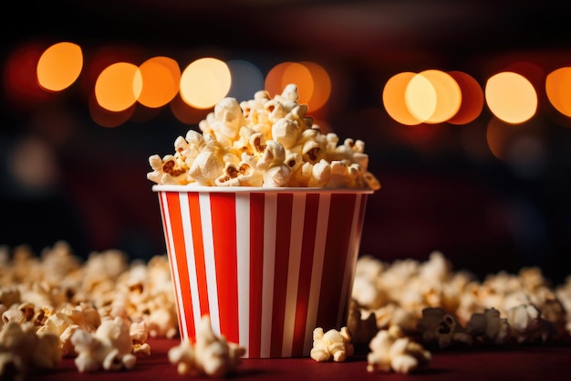 Rode en witte emmer met popcorn tegen abstracte onscherpe achtergrond Snacks voor bioscoop