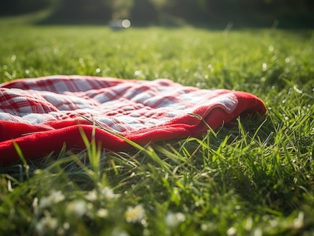 Rode en witte geruite picknickdeken bovenop een groen veld in zonnige dag op gras van gazon in zomerpark Wazige achtergrond