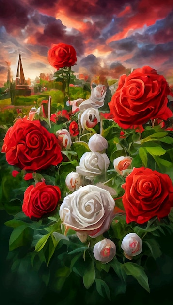 Rode en witte rozen onder de kleurrijke luchtrozen met kasteel en zonsondergang op de achtergrond