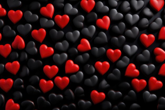 Foto rode en zwarte harten op een donkere achtergrond gelukkige valentijnsdag top view wenskaart harten