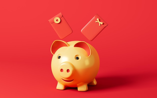 Rode enveloppen en gouden piggy in de rode achtergrond Year of Pig Spring Festival thema 3D-rendering