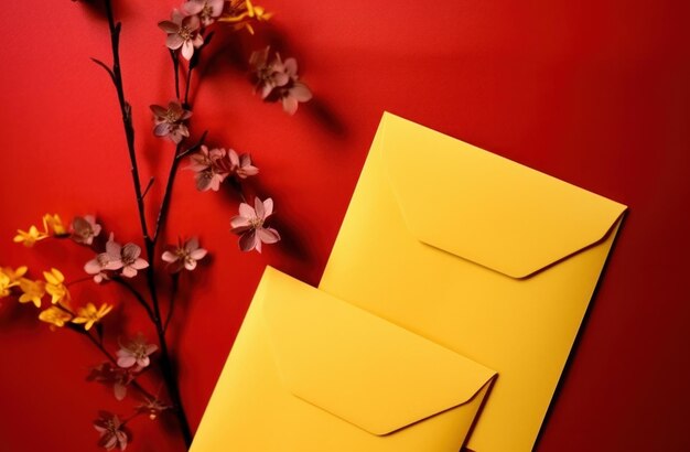 rode enveloppen op gele achtergrond Chinees nieuwjaar