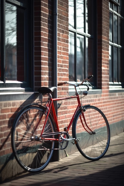 Rode fiets leunend tegen de bouwmuur in de stadsstraat gemaakt met behulp van generatieve ai-technologie