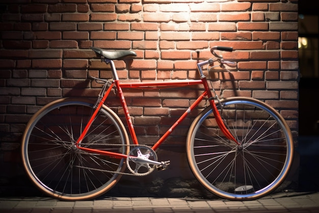 Rode fiets leunend tegen het bouwen van bakstenen muur in stadsstraat gemaakt met behulp van generatieve ai-technologie