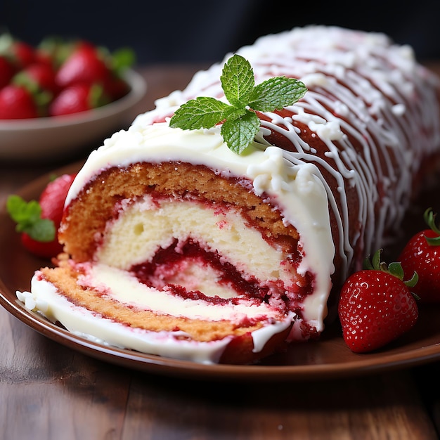 Rode fluwelen rolcake met room en verse aardbeien op lichte achtergrond