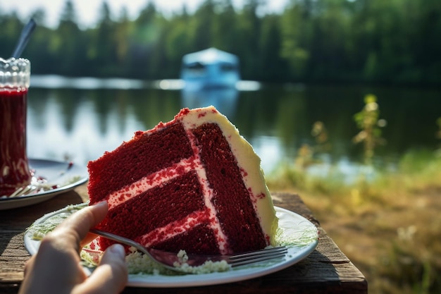 Rode fluwelen taart die wordt genoten door een gevarieerde groep mensen op een feest of bijeenkomst