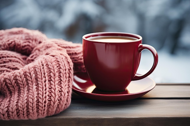 Rode gebreide beker met hete koffie en thee op de achtergrond van een besneeuwd landschap